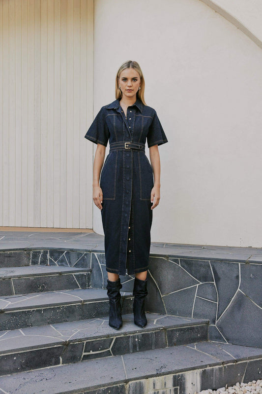 CURAAE Elysia Midi Shirt Belt Denim Dress